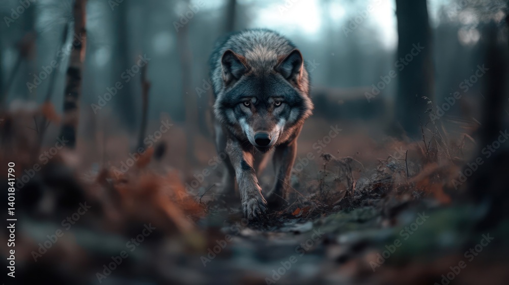Aufkleber a wolf strides purposefully along a forest path, its gaze direct and intense. the muted tones of the