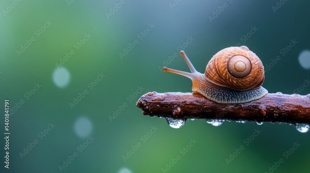 Poster Macro shot captures a brown snail with its shell on a twig, glistening with water droplets after rain, set against a soft-focused green backdrop with bokeh circles of light. The scene conveys
