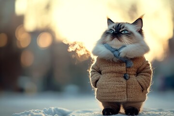 Sidesplitting pets. Pet health. Happy cute adult cat balinese in winter warm clothes, frosty breath from nose and mouth in freezing air. Kitten care guide. Pet winter nest. Winter cat tips.