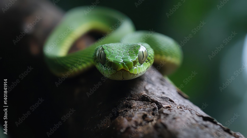 Poster Close up shot of a vibrant green snake coiled on a branch with blurred green leaves in background. Snake scales detailed and eyes are in focus. The branch has rough texture with patterns in brown