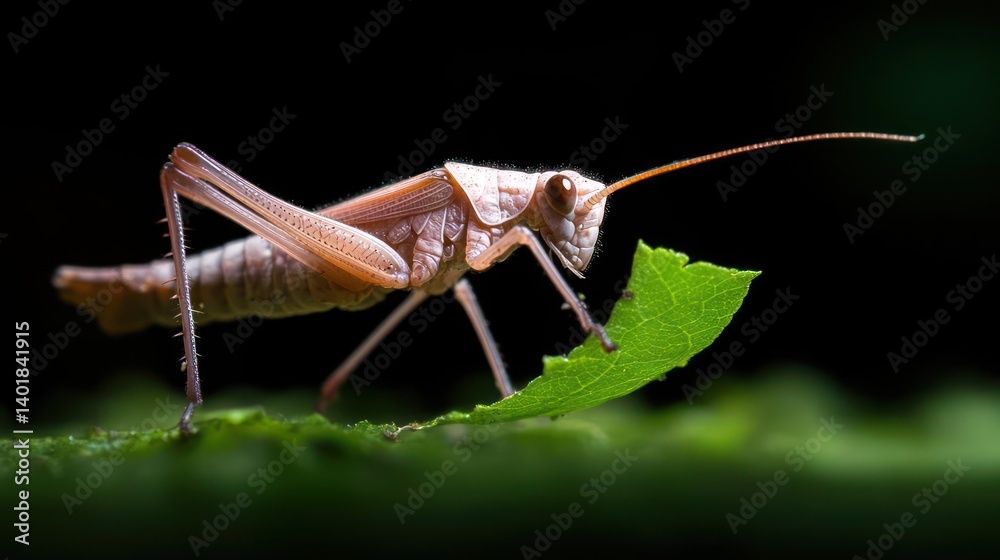 Aufkleber macro shot of a brown grasshopper perched on a vibrant green leaf, set against a dark background. th