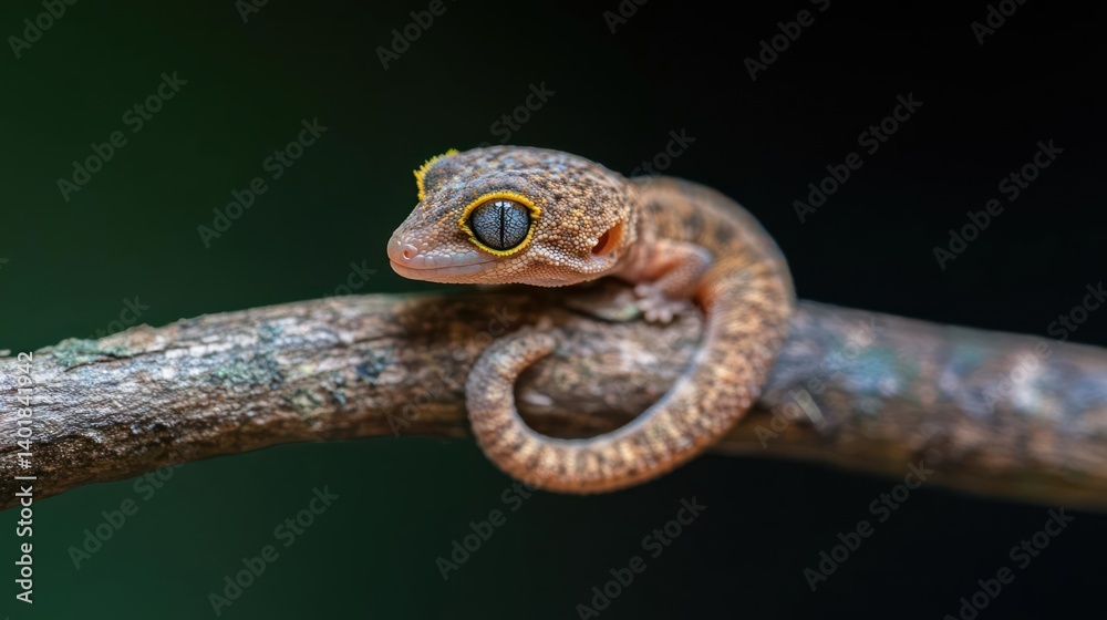 Poster close-up of a small brown gecko resting on a branch, showcasing its intricate skin pattern and strik