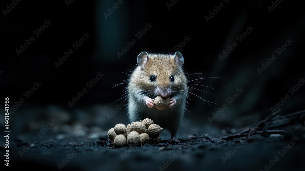 Poster close up of a small brown mouse standing on dark soil and holding a brown object. the mouse is well-