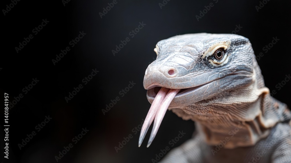 Poster this closeup shot captures a grey komodo dragon with its tongue extended, set against a blurred blac