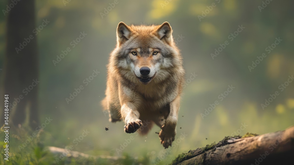 Poster a lone wolf leaps over a fallen log in a forest setting. the wolf, captured mid-jump, exhibits a foc