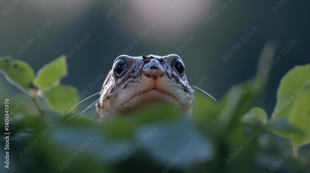 Poster Close-up shot of a frog's head emerging from lush green leaves. The frog's skin shows intricate patterns and textures, highlighted by the soft, diffused light. Background is blurred, emphasizing the