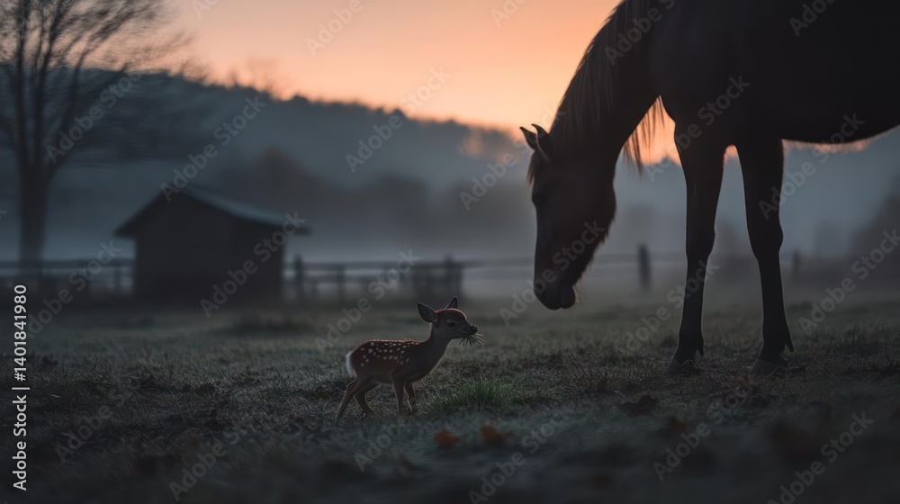 Poster Misty morning scene with a horse and a small deer in a grassy field. Silhouette of trees and a small building in the background with an orange glow sky creating a serene and peaceful atmosphere