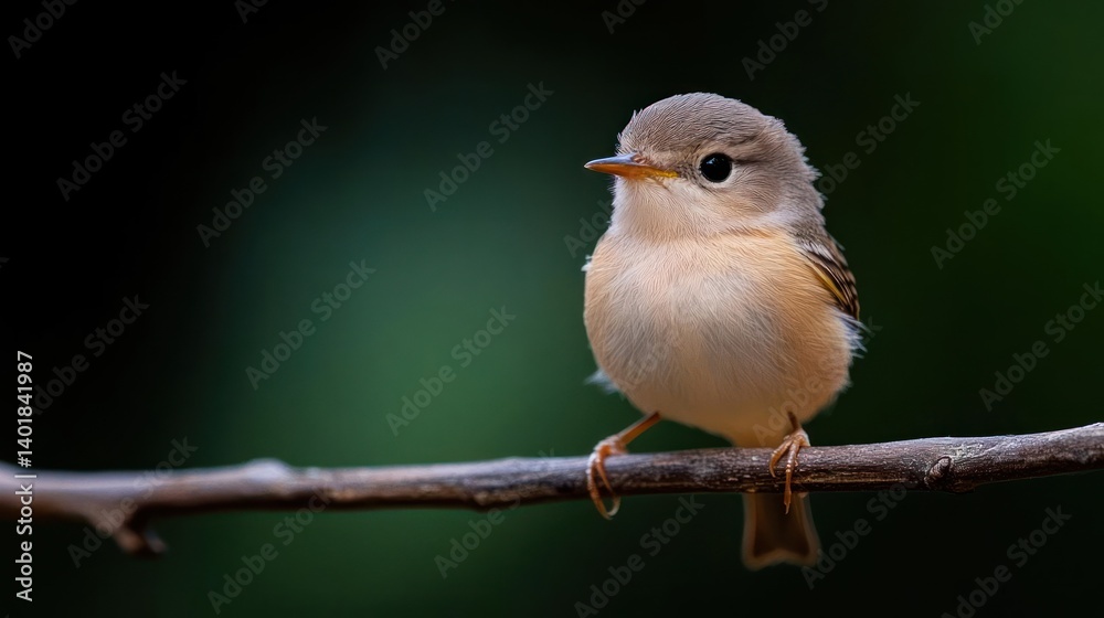 Aufkleber close-up of a small, fluffy bird perched on a twig with a dark green blurred background. the bird fe