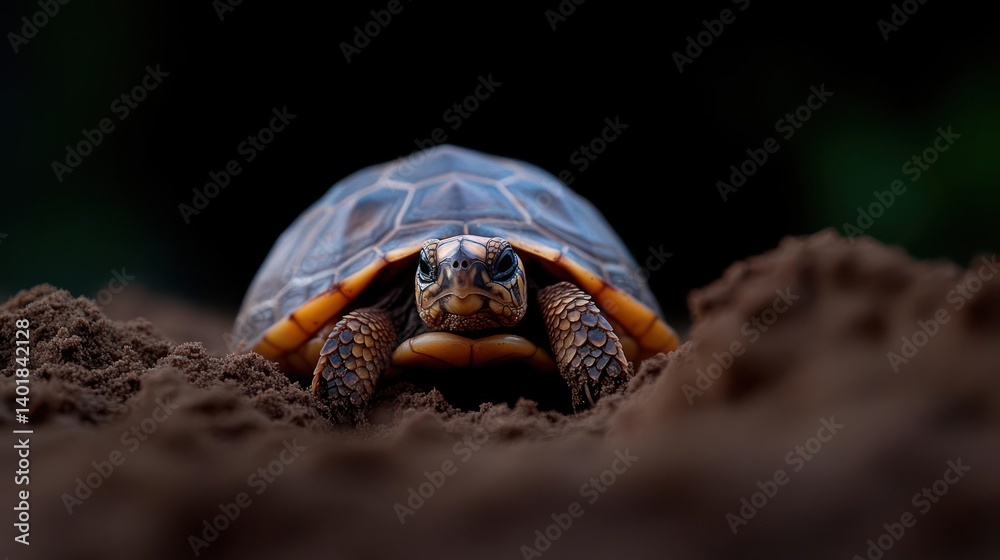 Aufkleber A close up shot of a brown turtle walking towards the camera on a pile of sand with a dark, blurred background. The turtle is in focus, showcasing its shell and texture