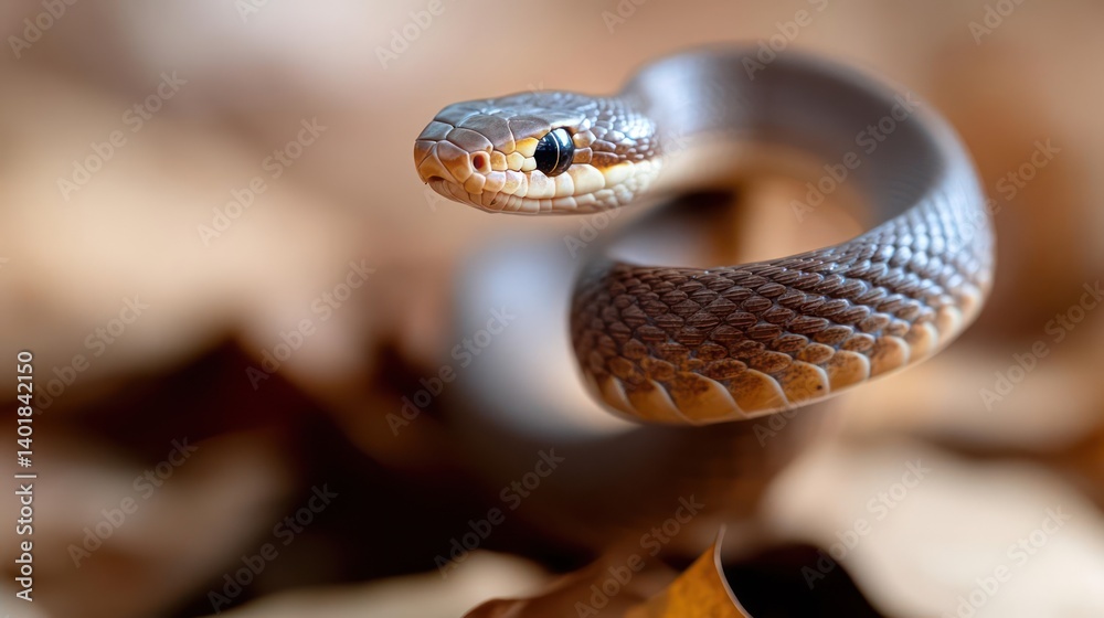 Poster close-up shot of a smooth earth snake resting on dried leaves. the snake is brown and gray, with a s