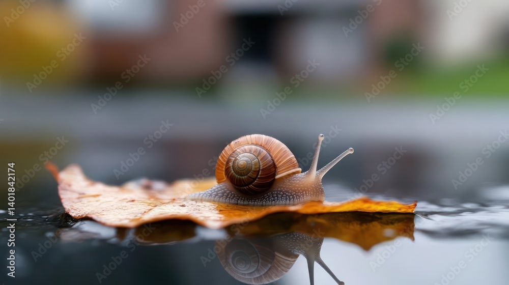 Poster Close up shot of a brown snail crawling on a yellow leaf with its reflection visible on the wet surface, set against a blurred background of brick buildings and greenery. The focus is sharp