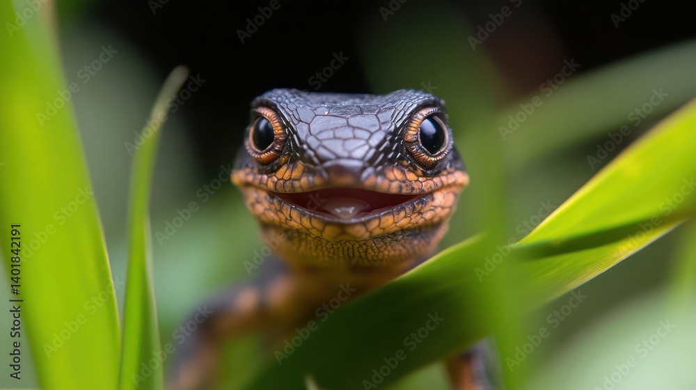 Aufkleber a close-up shot captures a newt with black and orange skin, nestled among green grass blades. its he
