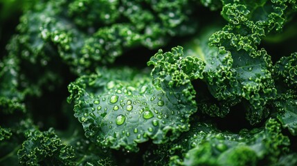 Close-up of fresh, vibrant kale leaves covered in water droplets