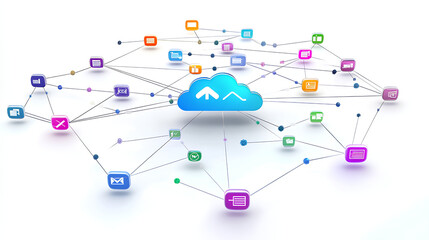 Naklejka premium Cloud storage concept showing a glowing cloud icon connected to various digital file symbols within a global network on a white background 