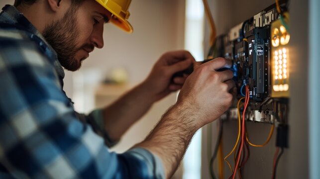 Electrician installing smart home devices in a living room. Featuring innovation and care