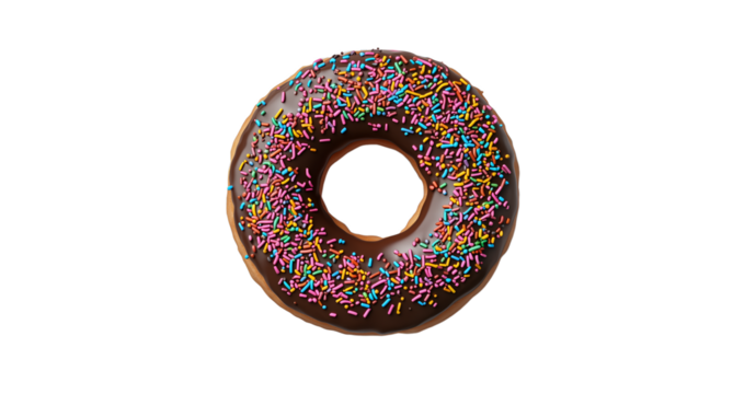 Chocolate donut with colorful sprinkles, isolated on white transparent background PNG cutout Mockup template for artwork design