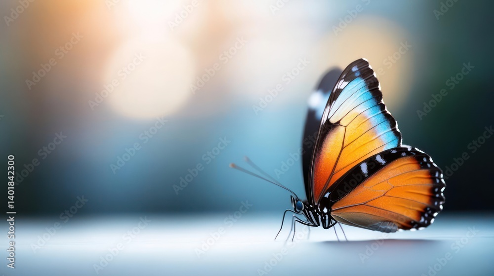 Leinwandbilder macro photograph of an orange monarch butterfly with a turquoise trim on a white surface. soft blurr