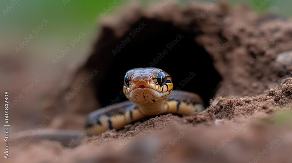 Poster eye-level shot of a small snake with brown and yellow stripes emerging from a hole in the dirt, focu