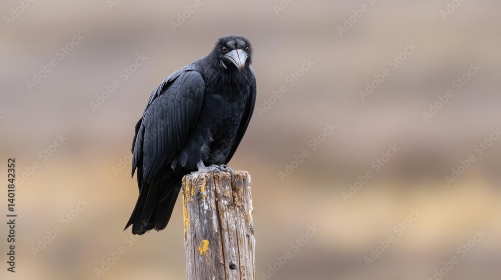 Poster a single black raven perches atop a weathered wooden post, eyes fixed on the viewer. the background 