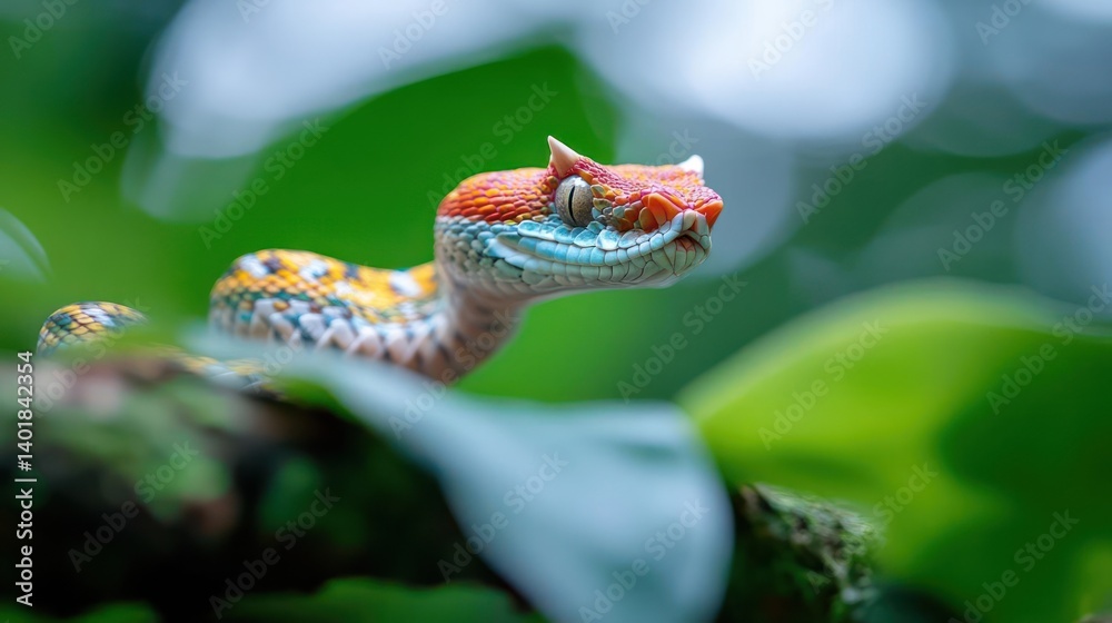 Aufkleber a vibrant, colorful viper rests on a mossy branch amidst lush green leaves, illuminated by a soft, n