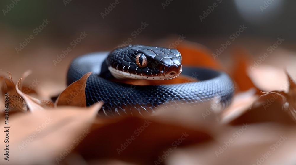 Poster close-up shot of a black snake curled up on a bed of dry, brown leaves. the snake has visible scales