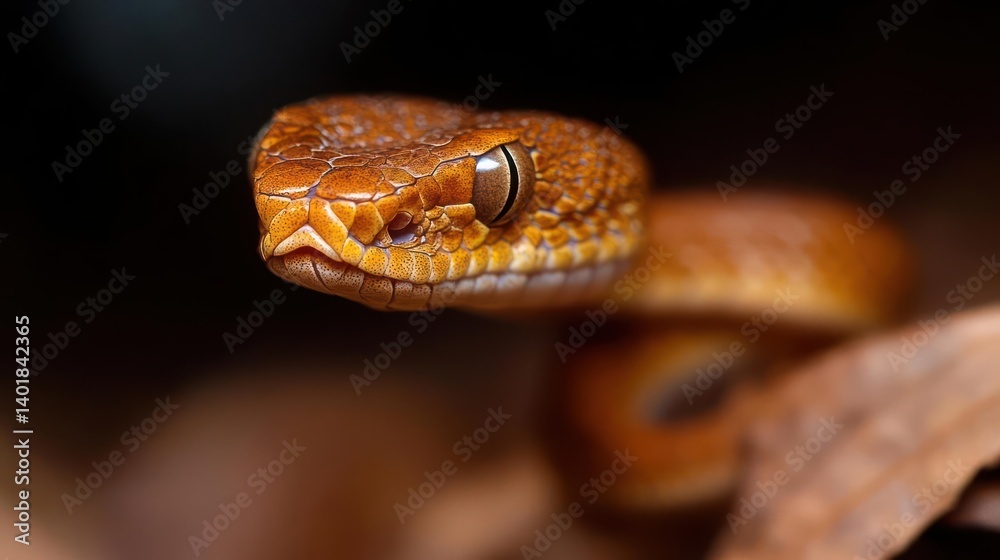 Poster a close-up shot captures the intricate details of a brown snake, its amber eyes and textured scales 