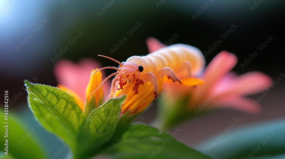 Poster macro shot of a small, round, orange insect covered in tiny droplets perched on a yellow and orange 