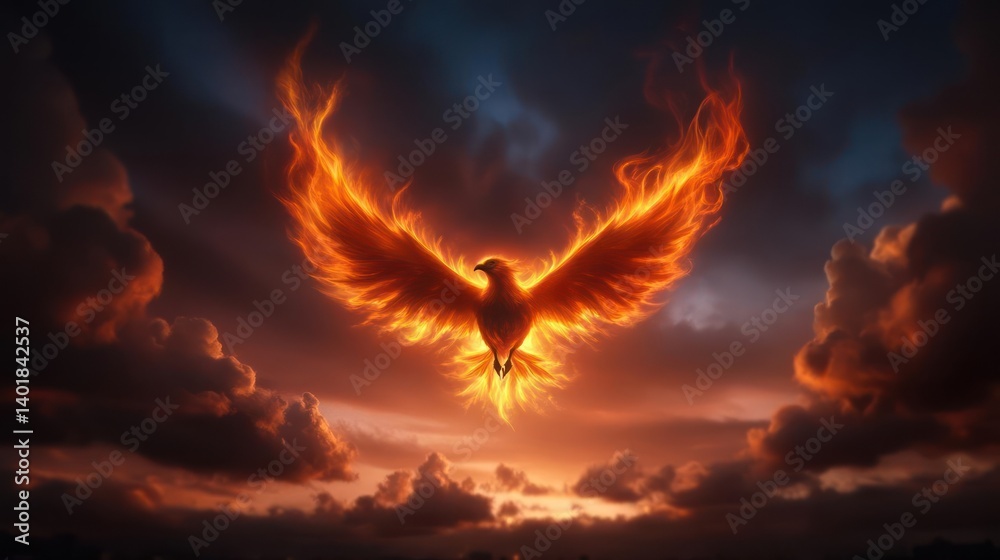 Poster A fiery bird soars against a dramatic sky filled with dark clouds, bathed in the warm glow of the setting sun. The mystical bird's wings are spread wide, creating a mesmerizing fiery spectacle