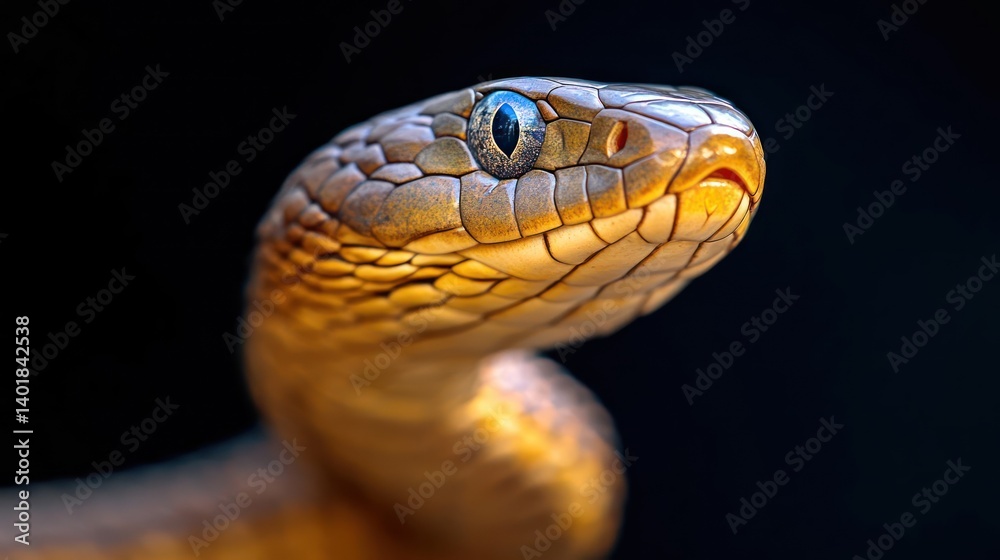 Poster close-up studio shot of a snake against a black background, showcasing its scaled skin, patterned te