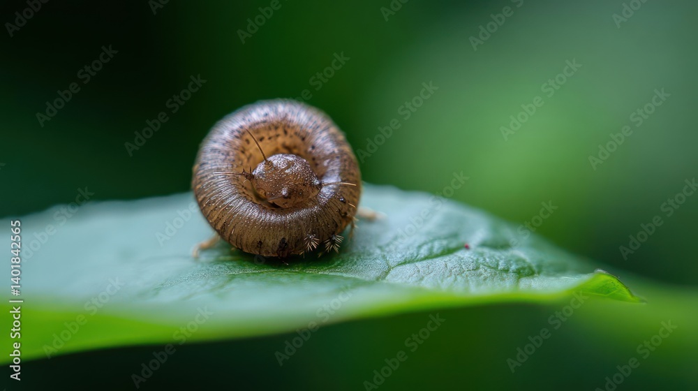 Poster A close-up captures a small snail with a brown shell resting on a vibrant green leaf. The background is blurred, emphasizing the texture and detail of the snail and leaf in soft, natural light