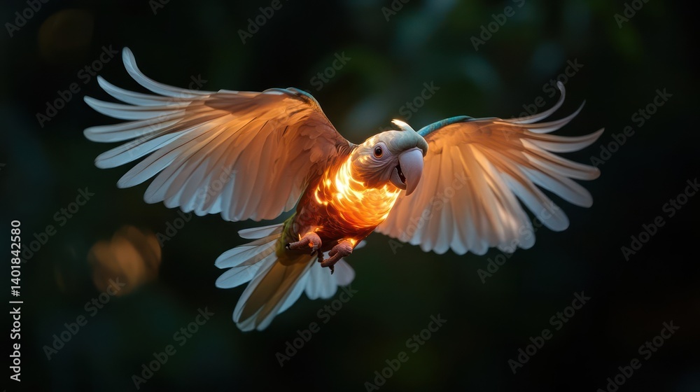 Poster a dynamic shot of a white-faced parrot in mid-flight against a dark green background. the parrot's w