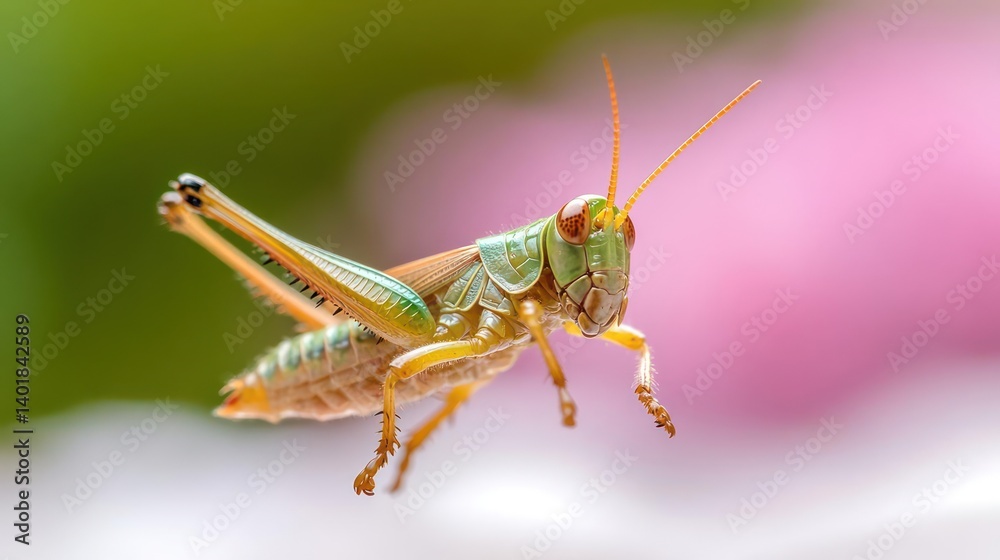 Aufkleber Macro photograph captures a light green and tan grasshopper in sharp focus against a blurred pink and green backdrop, highlighting its intricate features and delicate antennae