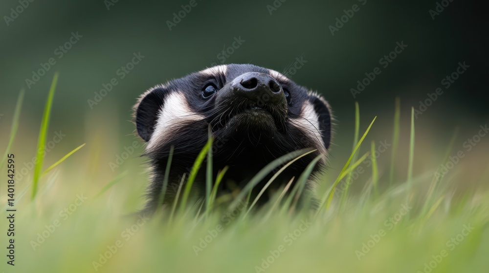 Poster close-up of a badger looking up from a grassy field. the badger's face is predominantly black with w