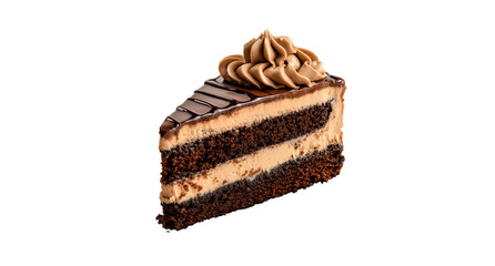 Chocolate cake slice with layers and frosting, isolated on white transparent background PNG cutout Mockup template for artwork design
