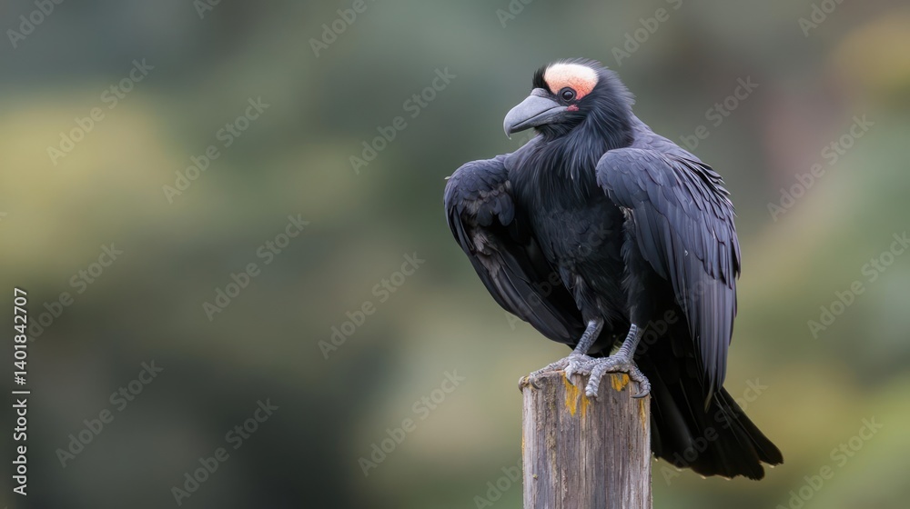 Poster a black bird with a red forehead perches atop a weathered wooden post, its feathers ruffled against 