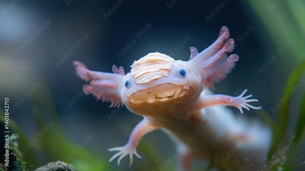 Poster a close-up of a leucistic axolotl swimming in water with green vegetation. the axolotl's feathery gi