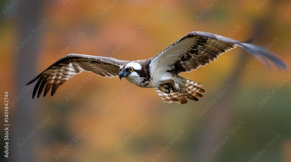 Poster A detailed full shot captures an osprey in mid-flight. Its wings are spread wide, displaying intricate patterns. The background is a soft bokeh of autumn colors, enhancing the bird's presence