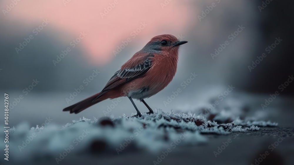 Poster a vibrant orange bird perched on a frost-covered surface under a soft, pastel sky. the bird's detail