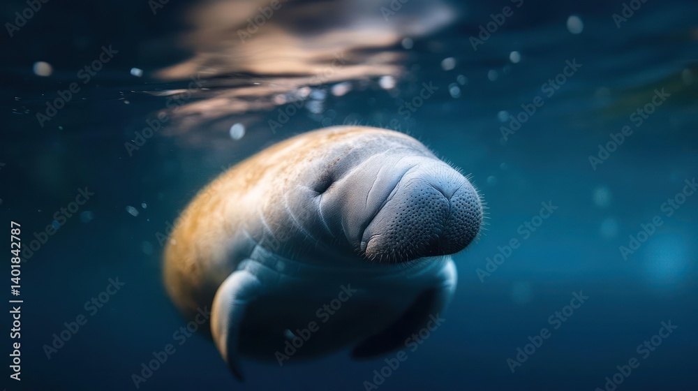 Poster a close up shot of a manatee swimming underwater with sunlight filtering through the surface. its la