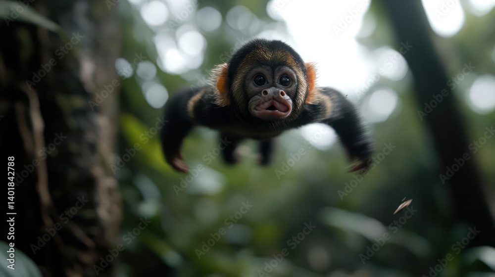 Poster a small monkey with dark and light brown fur flies with outstretched limbs against a blurred backgro