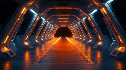 Obraz premium Futuristic Spaceship Corridor: A Glowing Passage Through the Cosmos
