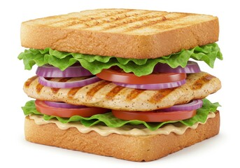A close up of a grilled chicken sandwich with lettuce tomato and onion on toasted bread slices