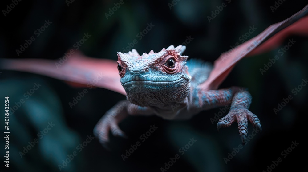 Poster macro shot of a flying gecko lizard with a distinctive spiked crest, vibrant red and blue skin, show