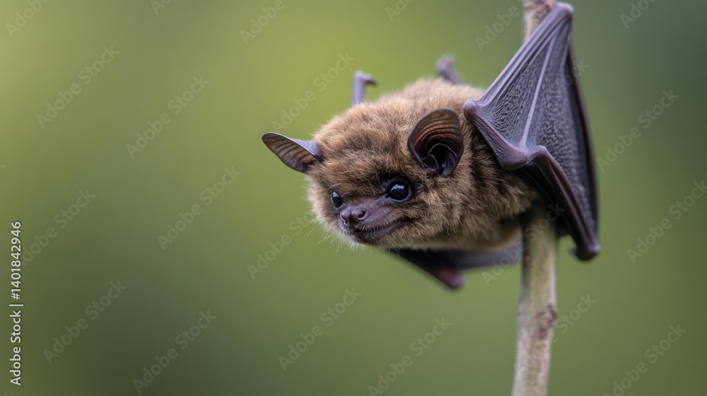 Poster detailed close-up of a brown bat clinging to a thin branch against a blurred green background. the b