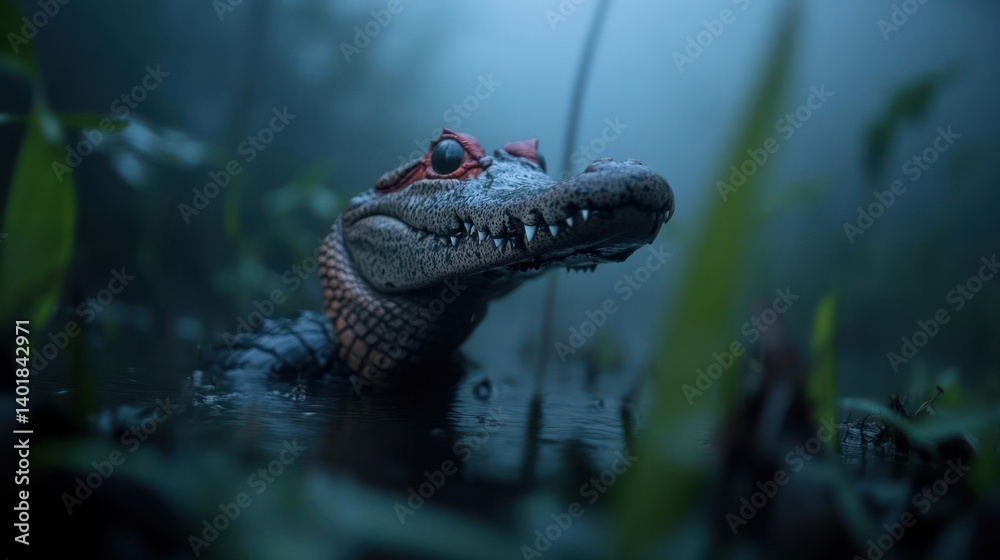 Aufkleber Close-up of a smooth-fronted caiman in a murky puddle, surrounded by lush green vegetation and enveloped in a dense fog, creating an eerie atmosphere. The caiman's rough texture is emphasized by the
