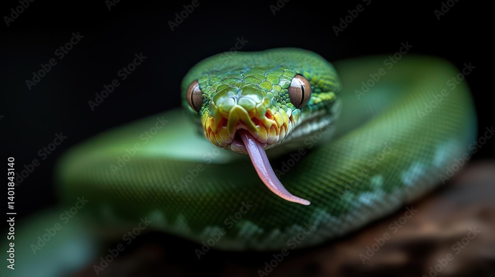 Poster Close up of a green snake with its tongue sticking out on a dark background. The snake is coiled and its scales are visible. The snake's eyes are gold. The background is black, creating contrast with