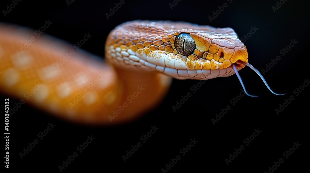 Poster close-up shot of an orange snake with white spots, tongue extended, against a stark black background
