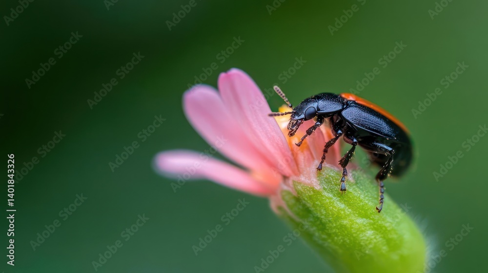 Aufkleber a vibrant macro shot showcases a shiny black beetle with red elytra perched delicately on a pink flo
