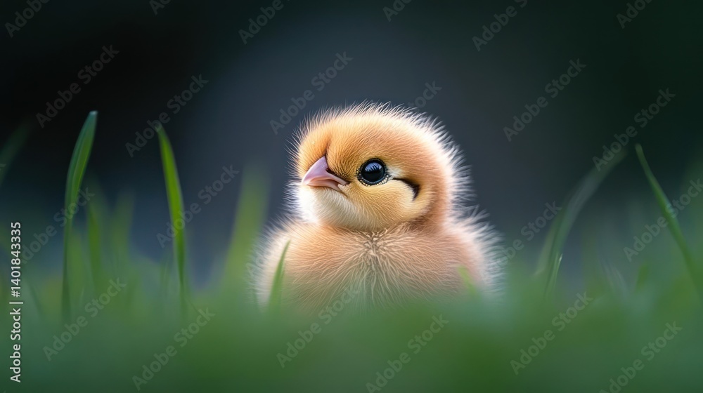 Poster close-up of a fluffy light brown chick peeking through vibrant green grass. focused with a shallow d