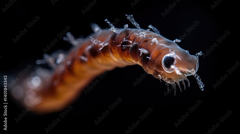 Aufkleber macro shot of a translucent, segmented aquatic worm. the worm curves gently against a stark black ba